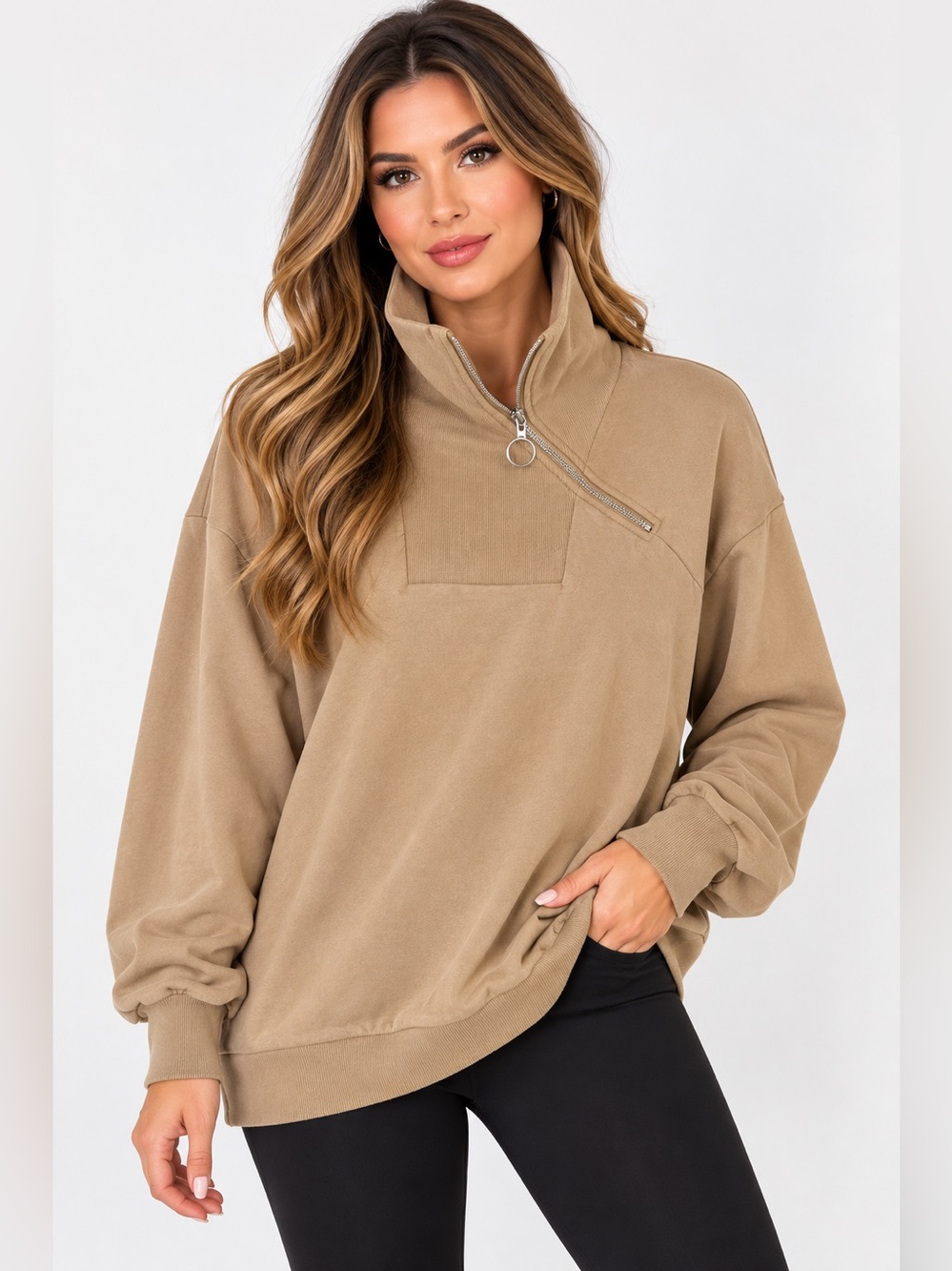 NWT Fisoew Women's Tan Quarter-Zip Funnel Neck Pullover Size:M